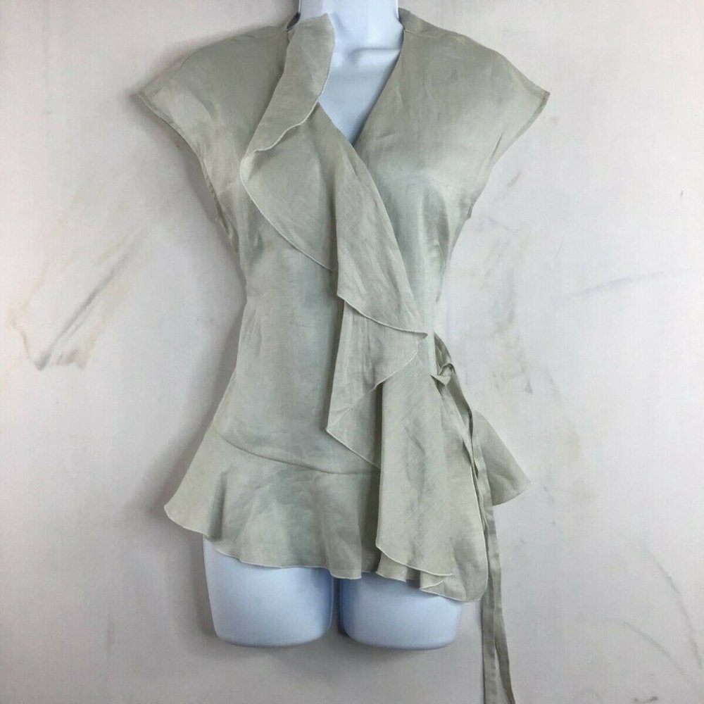 Guglielminotti Women's Ivory V Neck Ruffle Wrap Style Sleeveless Blouse Size 4